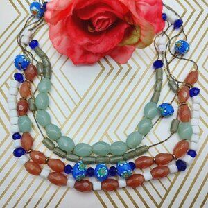 Long Multi Strand Glass Mixed Bead Necklace Dark Gold Tone Chains Colorful 28"